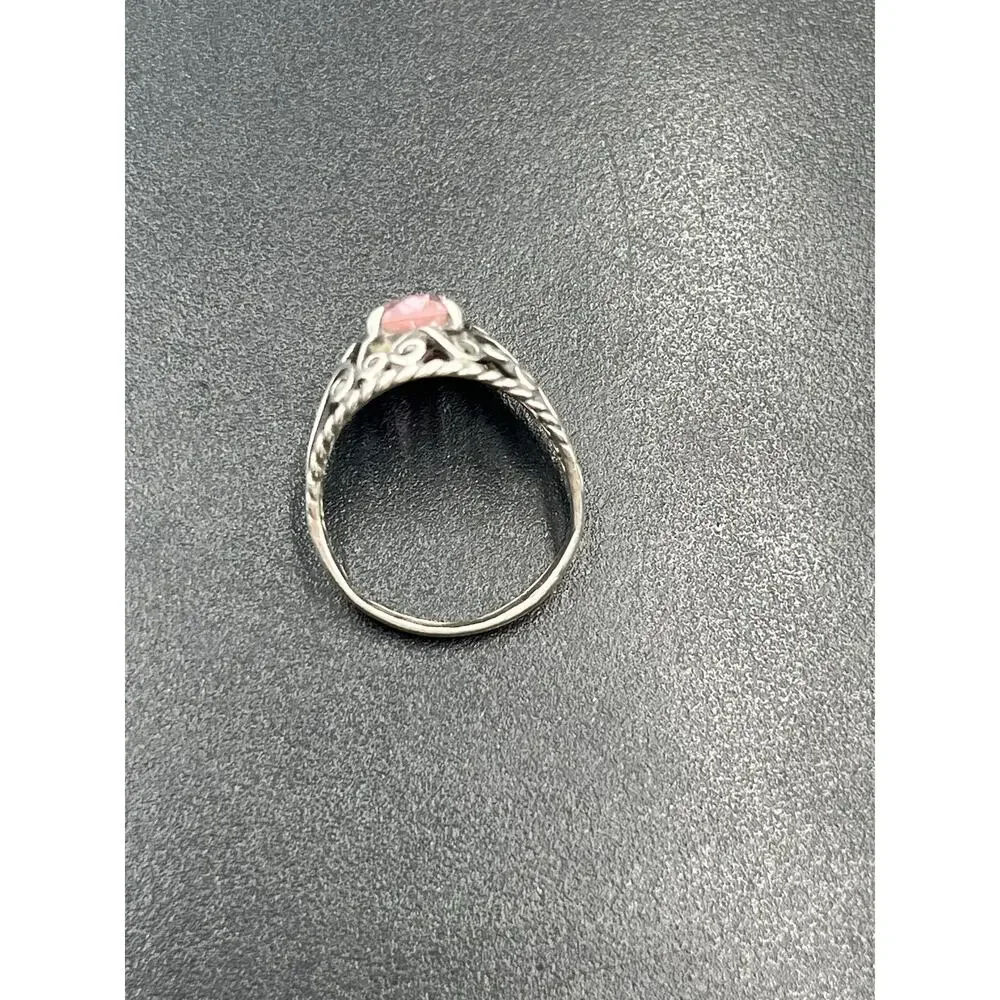 Sterling Silver Vintage Filigree Simulated Pink Sapphire‎ Solitaire Ring 5.25